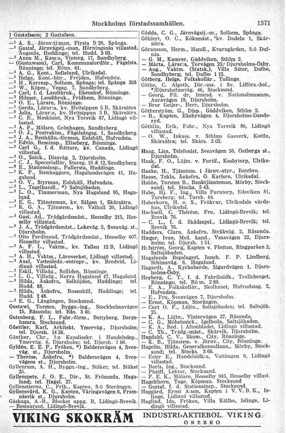 ~, - (~ustawson), Carl, Kommunalordför., Fagelsta, Rönninge; tcl. R3nn. 61. - ngärta, ~ ä ~ Torvägen ~ ~ 23: : ~ Djursholms-~sby., -Aug., Vaktm. (Statsk,), -' A. G., Kont., Soiielund,. Ulriksdal.