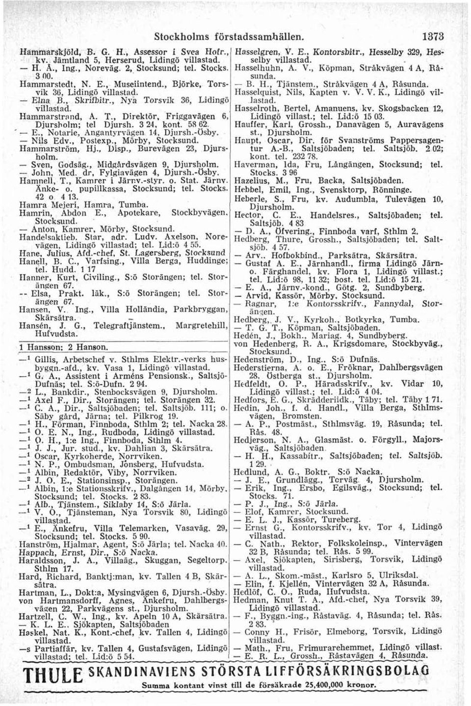 dr, Fylgiavigen 4, Djursh.-osby. Hamnell, T., Kamrer i J8rr.v.-slyr. o. Stat. Järnv. Anke- o. pupillkassa, Stocksund; tel. Stocks. 42 o 4 13. Hamra Mejeri, Hamra, Tumba. Hamrin, Abdon E.