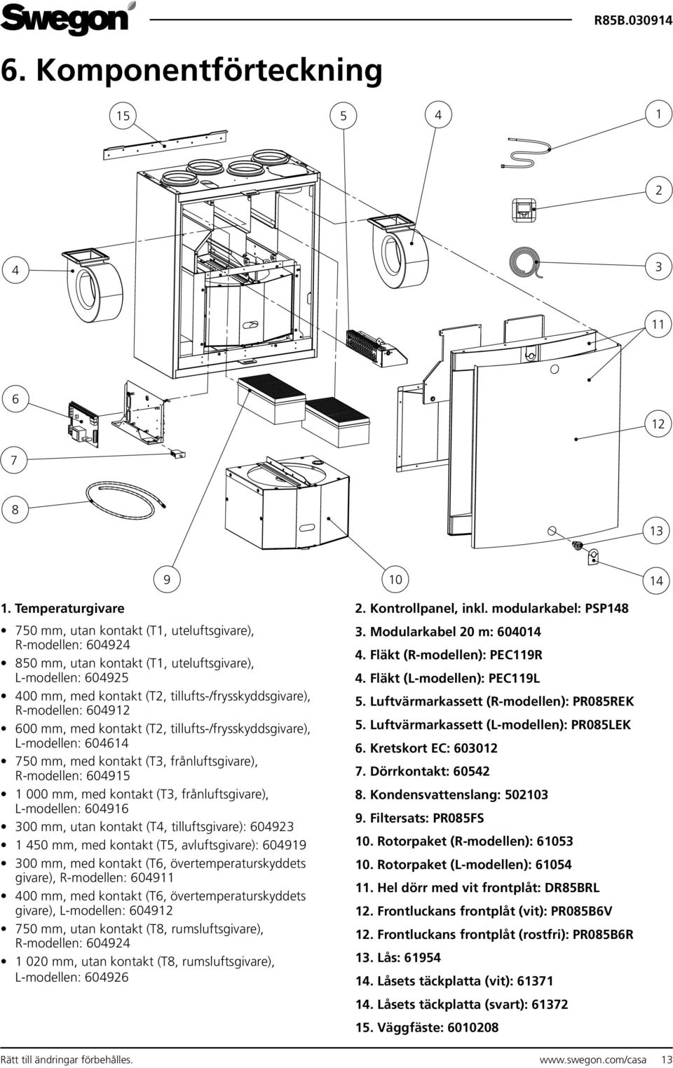 R-modellen: 604912 600 mm, med kontakt (T2, tillufts-/frysskyddsgivare), L-modellen: 604614 750 mm, med kontakt (T3, frånluftsgivare), R-modellen: 604915 1 000 mm, med kontakt (T3, frånluftsgivare),