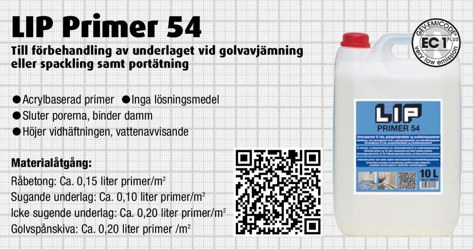 vattenavvisande Materialåtgång: Råbetong: Ca. 0,15 liter primer/m 2 Sugande underlag: Ca.