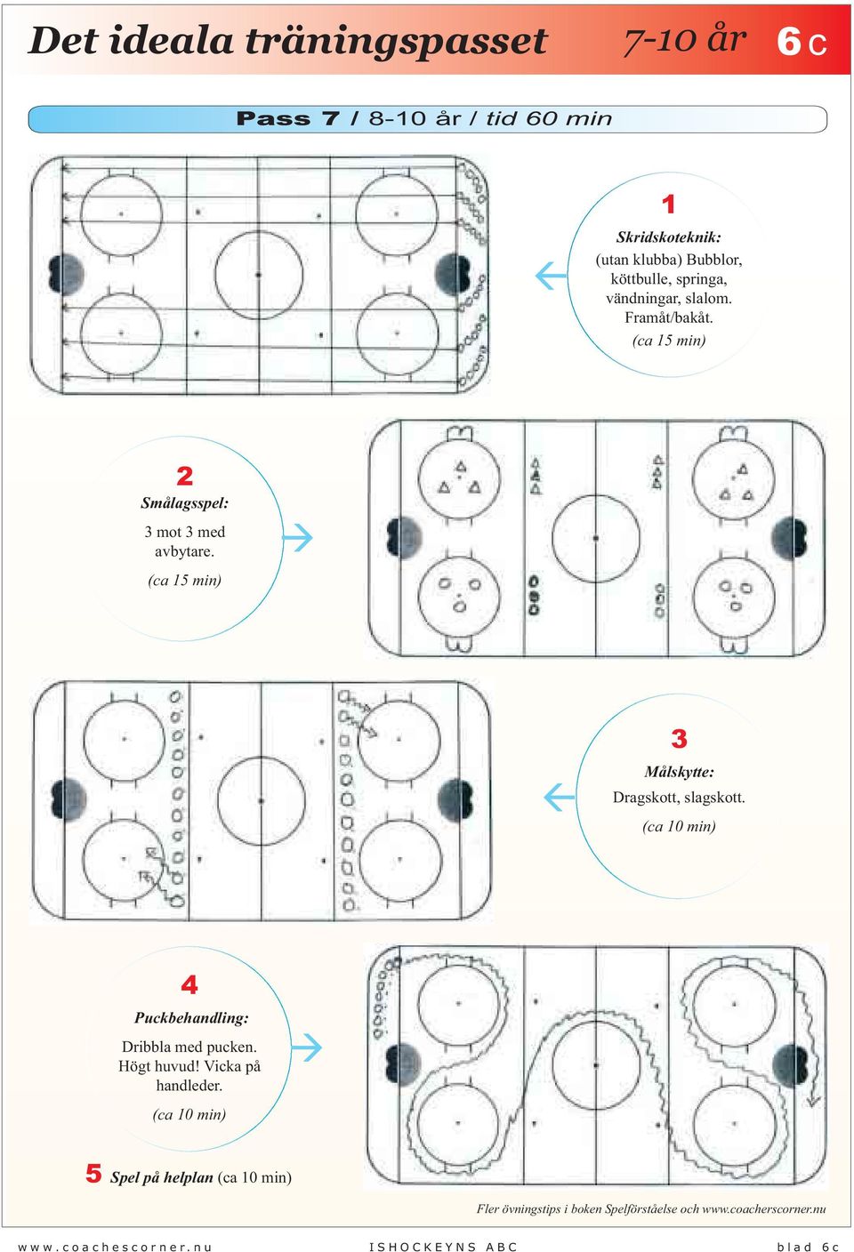(ca 15 min) 3 Målskytte: Dragskott, slagskott. (ca 10 min) 4 Puckbehandling: Dribbla med pucken. Högt huvud!