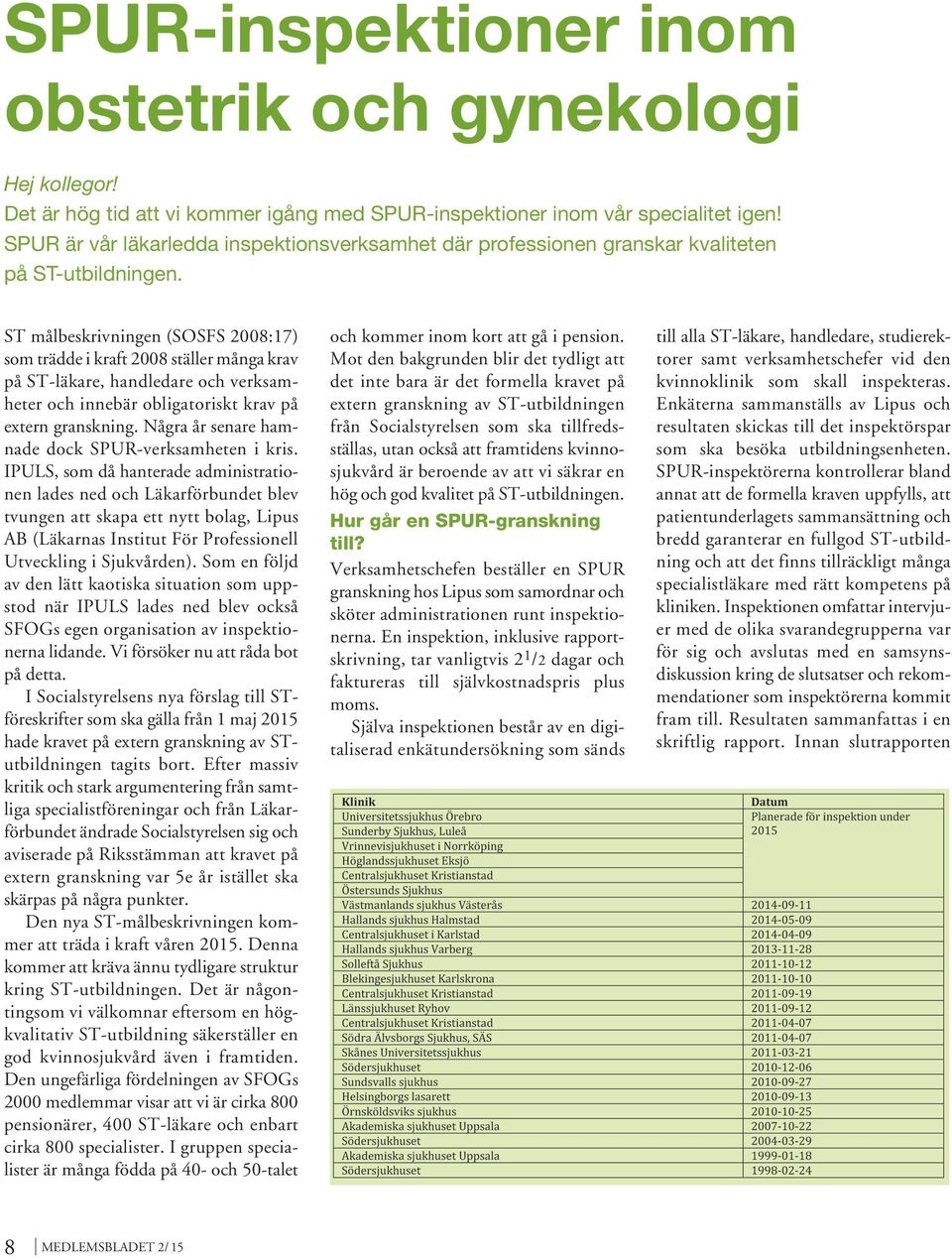 ST målbeskrivningen (SOSFS 2008:17) som trädde i kraft 2008 ställer många krav på ST-läkare, handledare och verksamheter och innebär obligatoriskt krav på extern granskning.