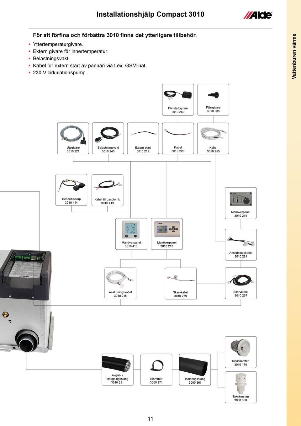 Vattenburen värme Fönsterbrytare 3010 280 Fjärrgivare 3010 238 Utegivare 3010 221 Belastningsvakt 3010 246 Extern start 3010 219 Kabel 3010 220 Kabel 3010 253 Betteribackup 3010 414