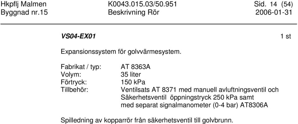 Fabrikat / typ: Volym: Förtryck: Tillbehör: AT 8363A 35 liter 150 kpa Ventilsats AT 8371