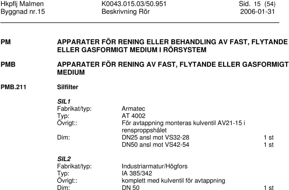 FLYTANDE ELLER GASFORMIGT MEDIUM Silfilter SIL1 Fabrikat/typ: Armatec Typ: AT 4002 Övrigt:: För avtappning monteras kulventil