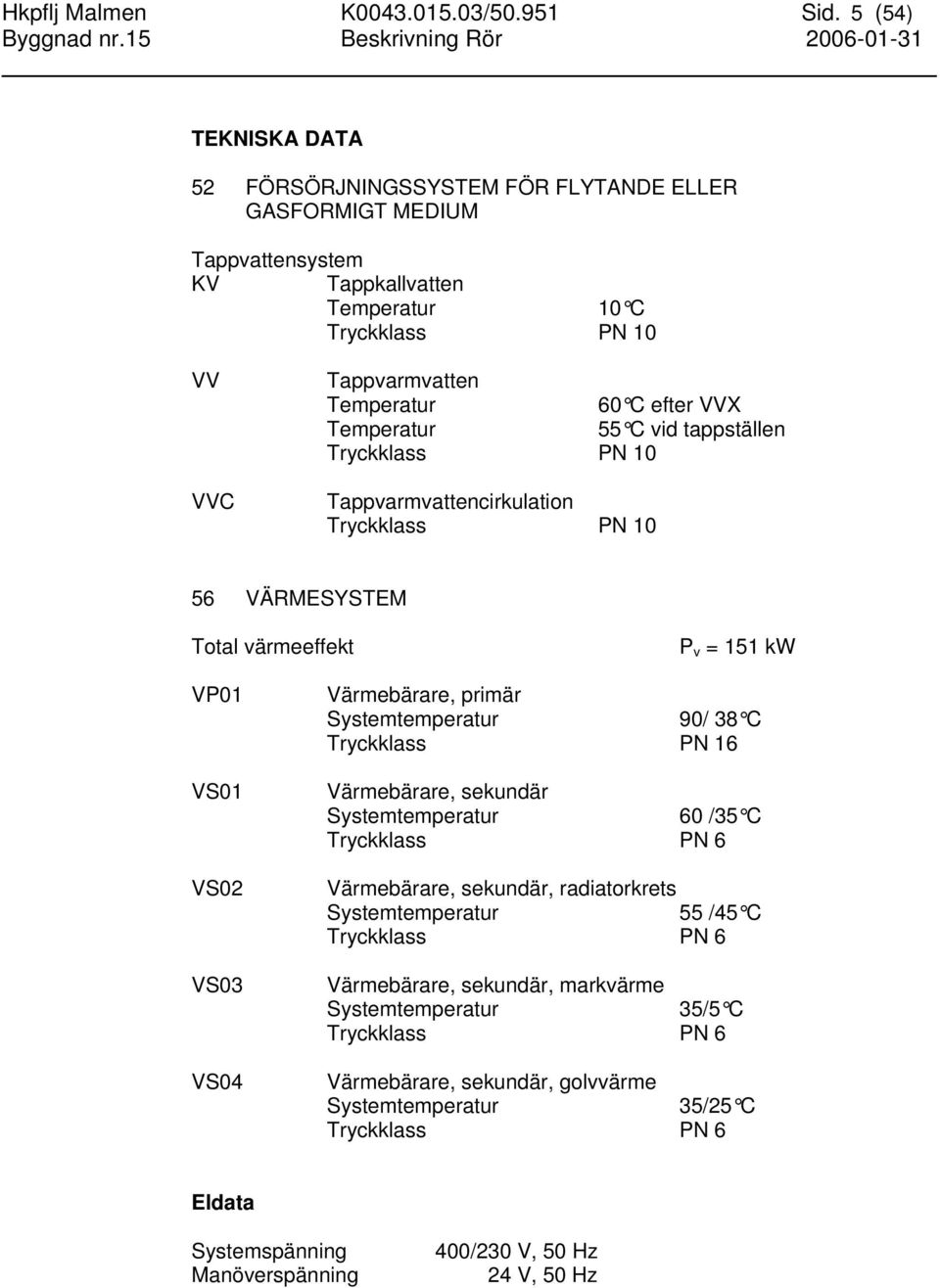 Temperatur 55 C vid tappställen Tryckklass PN 10 Tappvarmvattencirkulation Tryckklass PN 10 56 VÄRMESYSTEM Total värmeeffekt P v = 151 kw VP01 VS01 VS02 VS03 VS04 Värmebärare, primär Systemtemperatur