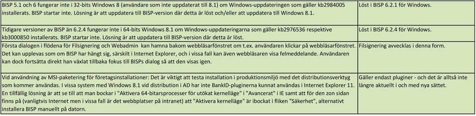 1 om Windows-uppdateringarna som gäller kb2976536 respektive kb3000850 installerats. BISP startar inte. Lösning är att uppdatera till BISP-version där detta är löst.