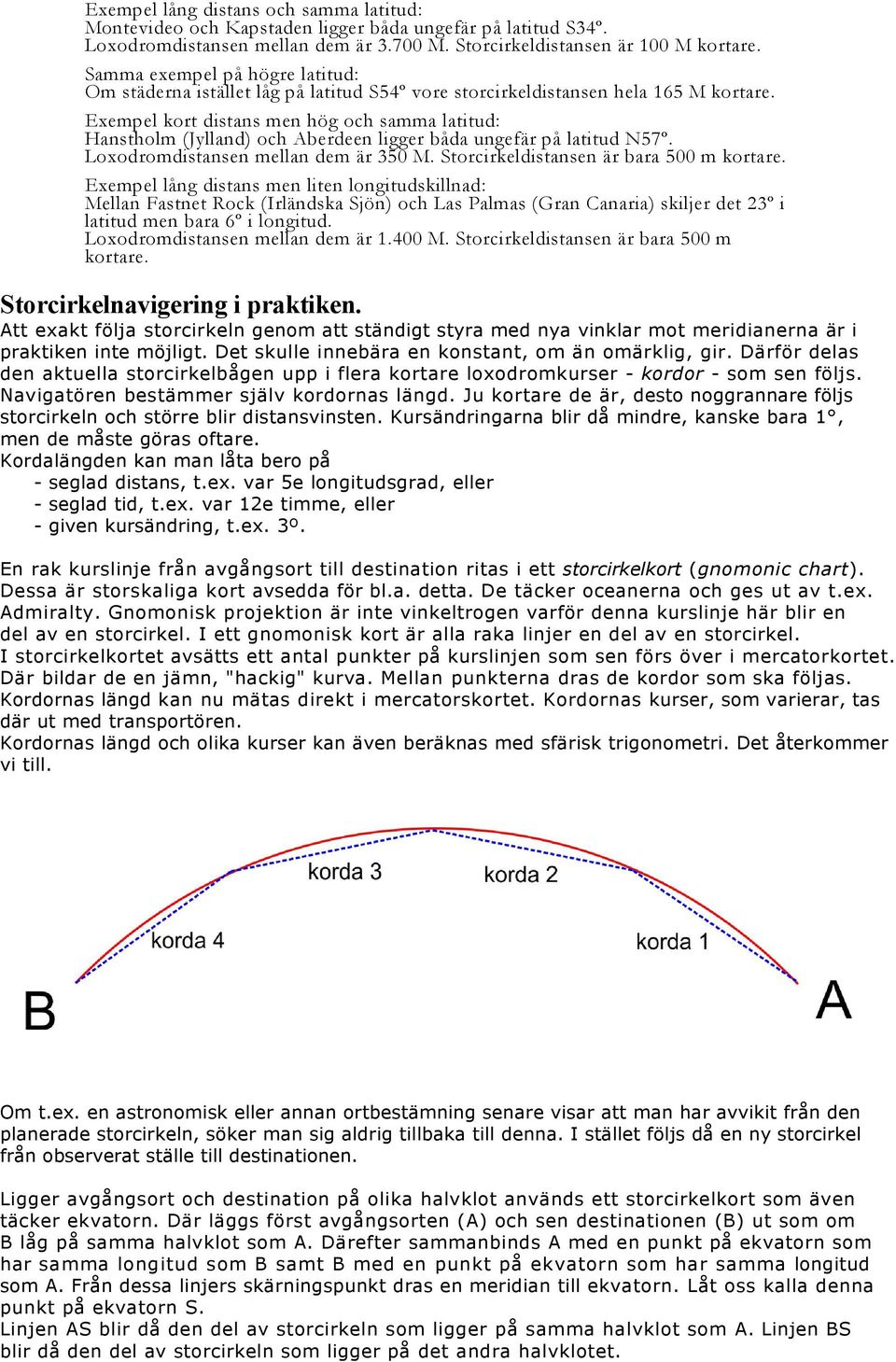 Exempel kort distans men hög och samma latitud: Hanstholm (Jylland) och Aberdeen ligger båda ungefär på latitud N57º. Loxodromdistansen mellan dem är 350 M. Storcirkeldistansen är bara 500 m kortare.