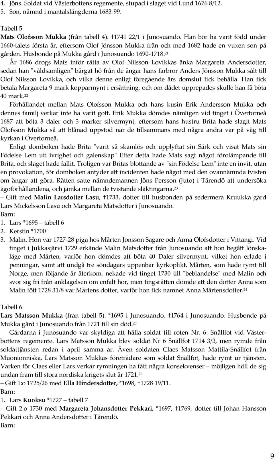 21 År 1686 drogs Mats inför rätta av Olof Nilsson Lovikkas änka Margareta Andersdotter, sedan han ʺvåldsamligenʺ bärgat hö från de ängar hans farbror Anders Jönsson Mukka sålt till Olof Nilsson