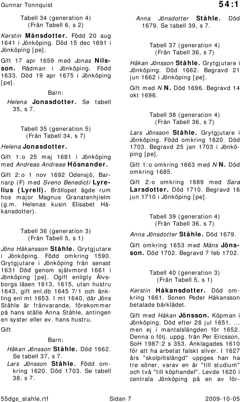 Gift 1:o 25 maj 1681 i Jönköping med Andreas Andreae Hösnander. Gift 2:o 1 nov 1692 Odensjö, Barnarp (F) med Sveno Benedicti Lyrelius (Lyrell). Bröllopet ägde rum hos major Magnus Granatenhjielm (g.m. Helenas kusin Elisabet Håkansdotter).