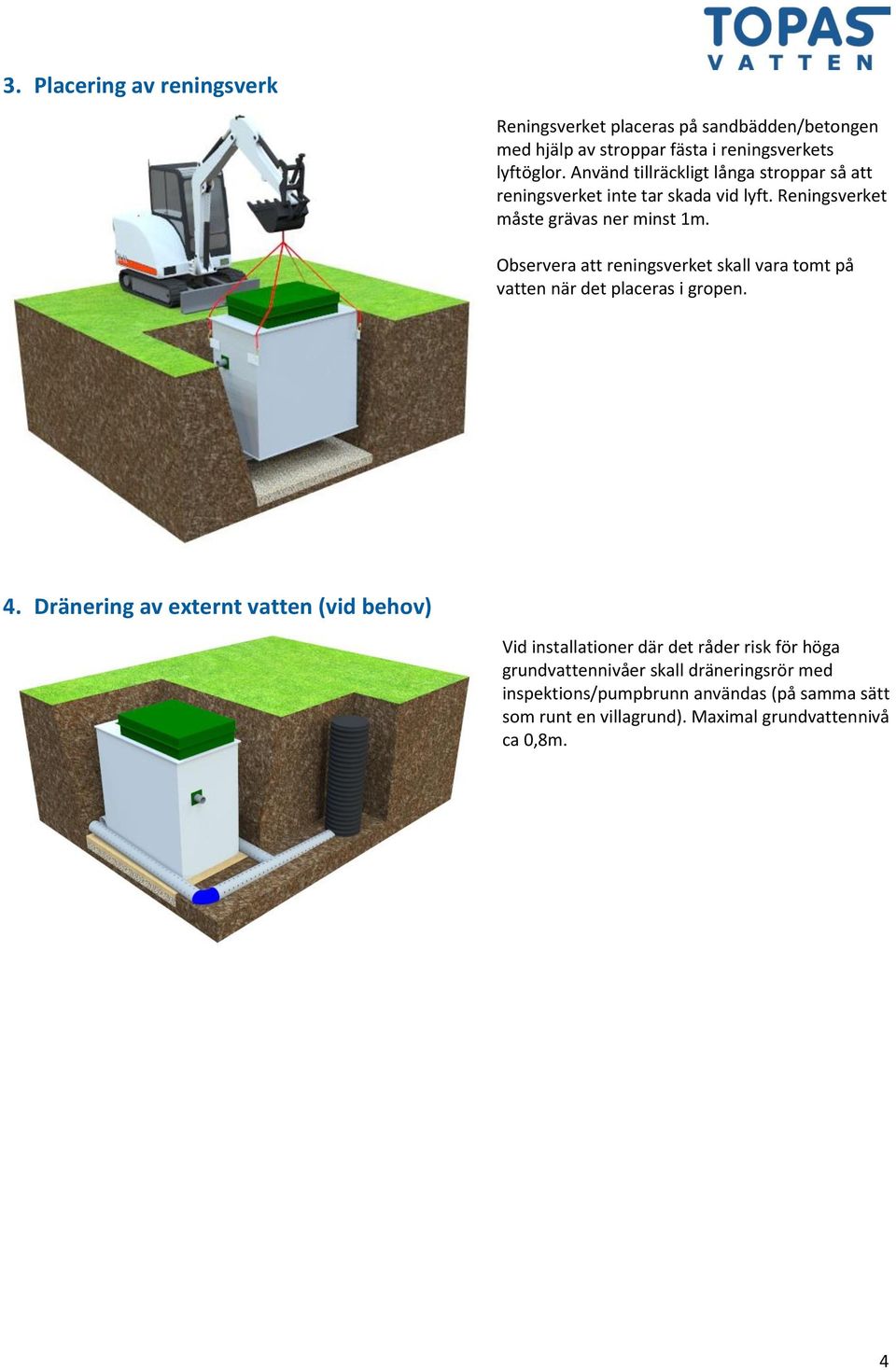 Observera att reningsverket skall vara tomt på vatten när det placeras i gropen. 4.