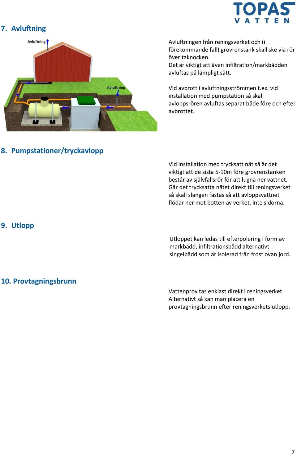 Pumpstationer/tryckavlopp Vid installation med trycksatt nät så är det viktigt att de sista 5-10m före grovrenstanken består av självfallsrör för att lugna ner vattnet.