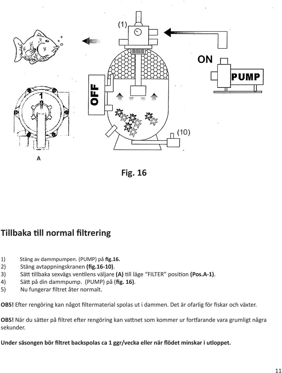 5) Nu fungerar filtret åter normalt. OBS! Efter rengöring kan något filtermaterial spolas ut i dammen. Det är ofarlig för fiskar och växter. OBS! När du sätter på filtret efter rengöring kan vattnet som kommer ur fortfarande vara grumligt några sekunder.