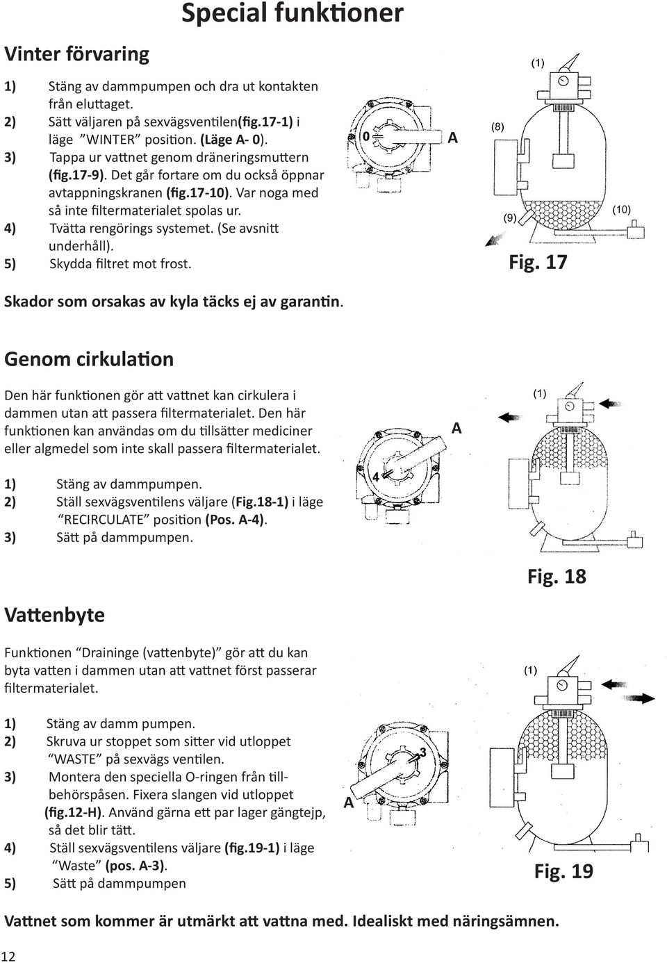 4) Tvätta rengörings systemet. (Se avsnitt underhåll). 5) Skydda filtret mot frost. Skador som orsakas av kyla täcks ej av garantin. A Fig.