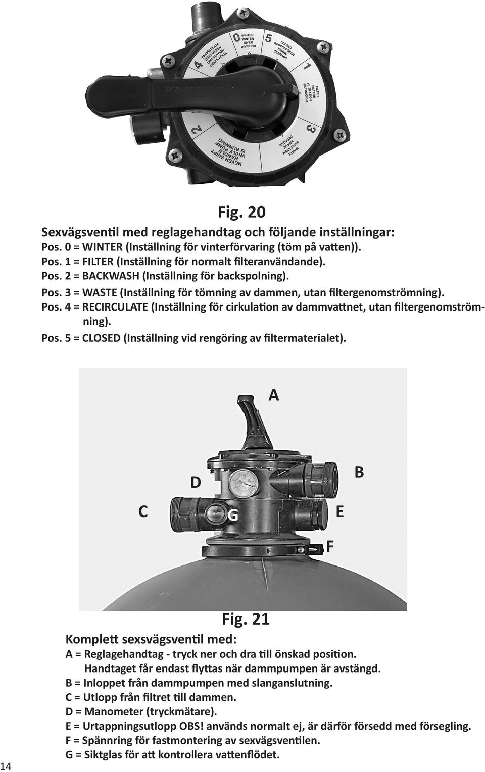 A C D G F E B 14 Fig. 21 Komplett sexsvägsventil med: A = Reglagehandtag - tryck ner och dra till önskad position. Handtaget får endast flyttas när dammpumpen är avstängd.