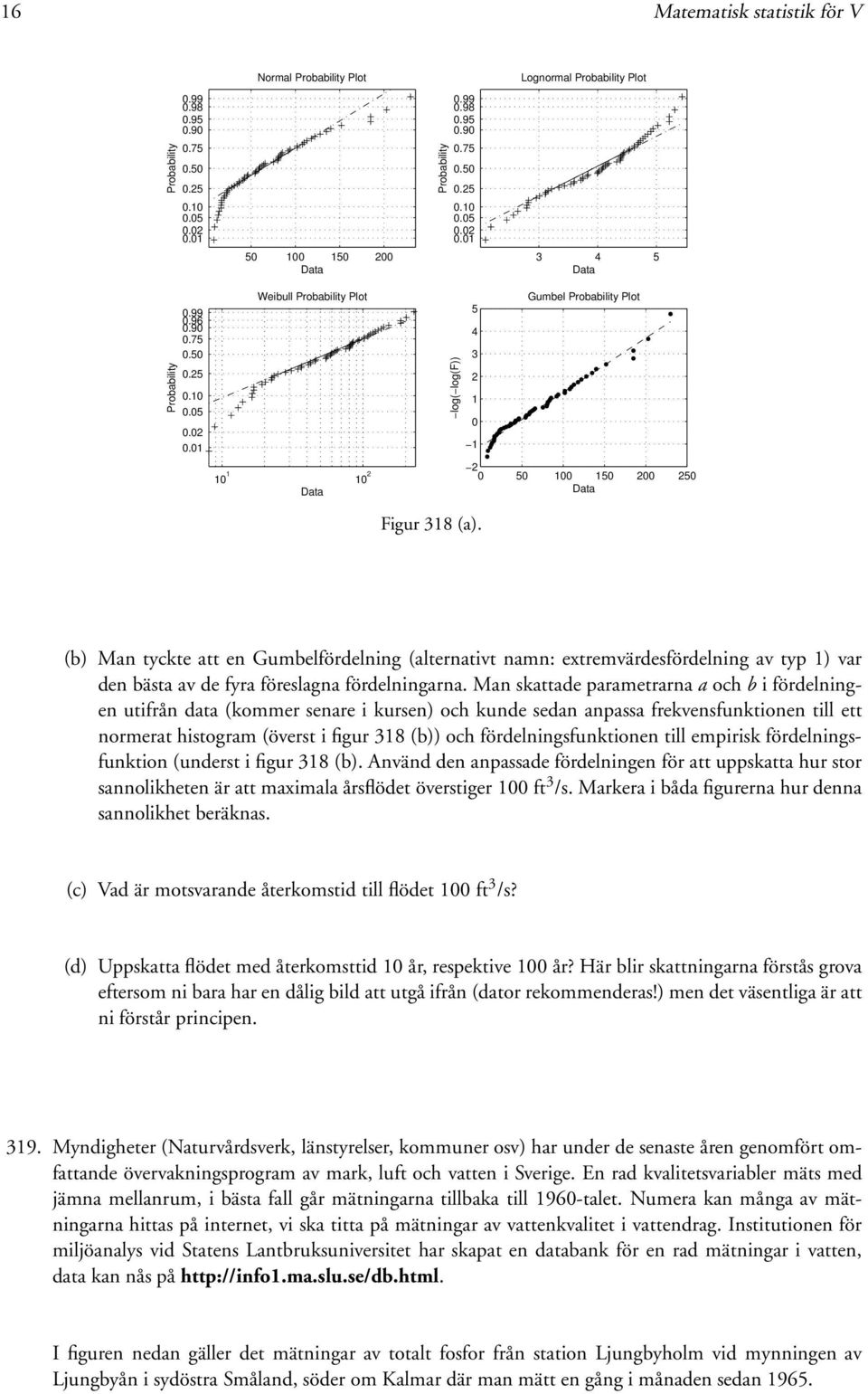 (b) Man tyckte att en Gumbelfördelning (alternativt namn: extremvärdesfördelning av typ 1) var den bästa av de fyra föreslagna fördelningarna.