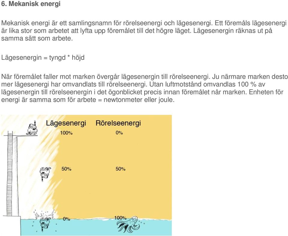 Lägesenergin = tyngd * höjd När föremålet faller mot marken övergår lägesenergin till rörelseenergi.