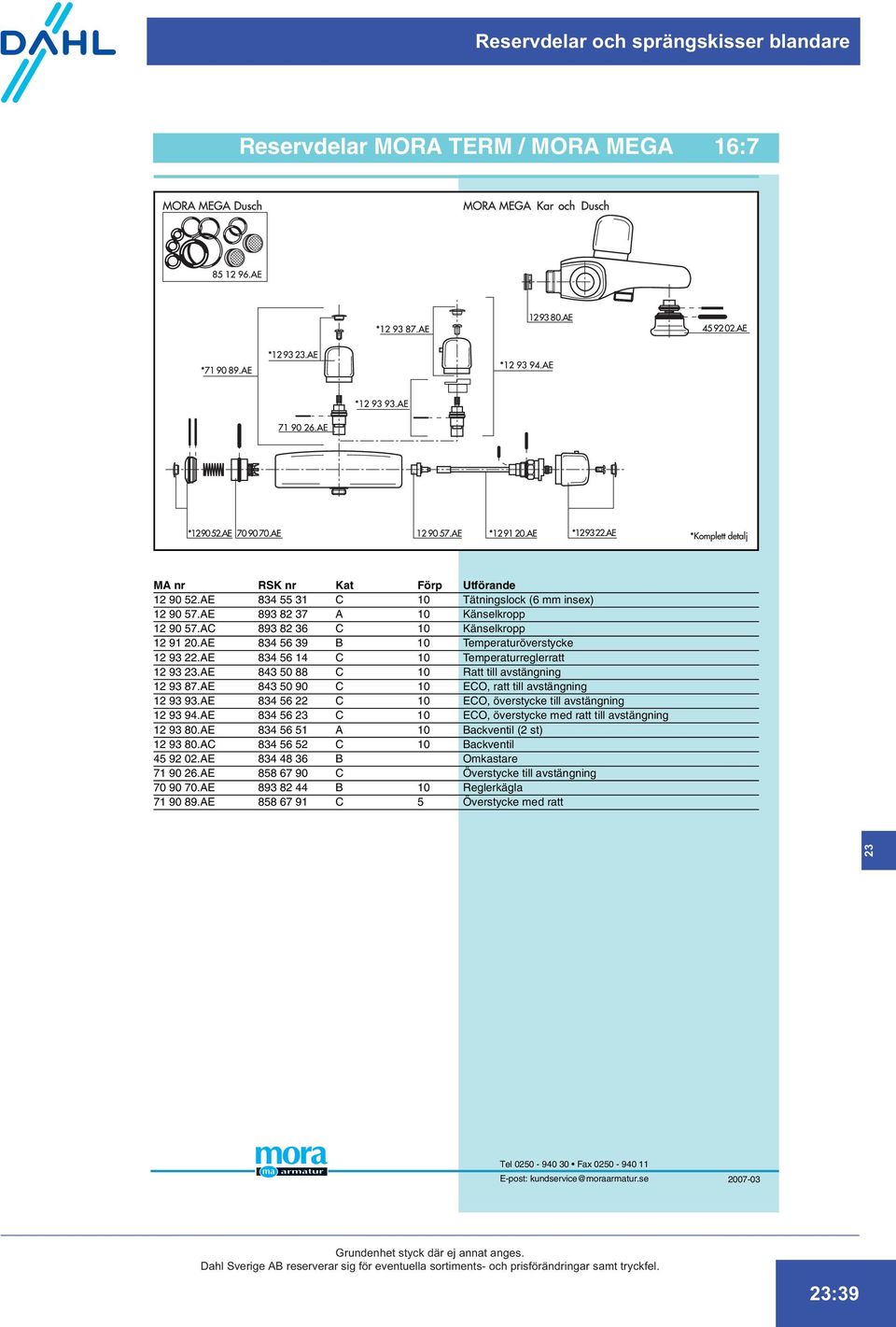 AE 843 50 90 C 10 ECO, ratt till avstängning 12 93 93.AE 834 56 22 C 10 ECO, överstycke till avstängning 12 93 94.AE 834 56 C 10 ECO, överstycke med ratt till avstängning 12 93 80.