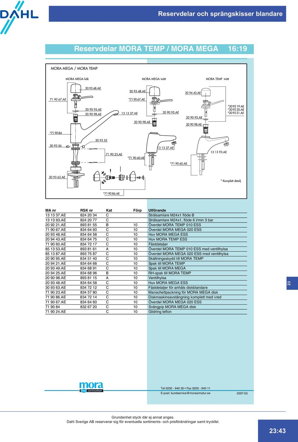 AE 834 72 17 C 10 Fästdetaljer 85 13 53.AE 893 81 61 A 10 Överdel MORA TEMP 010 ESS med ventilhylsa 85 13 87.AE 893 75 87 C 10 Överdel MORA MEGA 020 ESS med ventilhylsa 20 90 95.