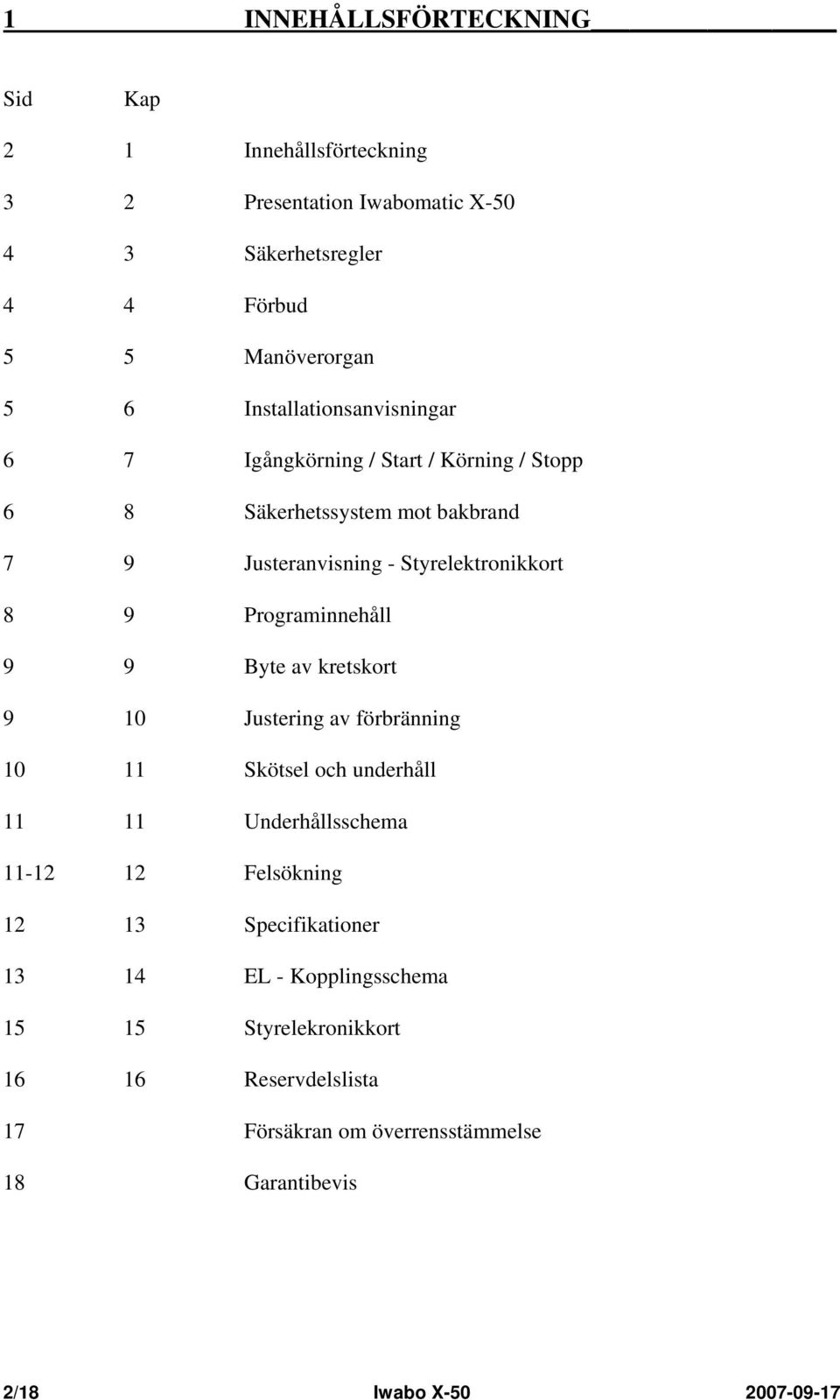 Programinnehåll 9 9 Byte av kretskort 9 10 Justering av förbränning 10 11 Skötsel och underhåll 11 11 Underhållsschema 11-12 12 Felsökning 12 13