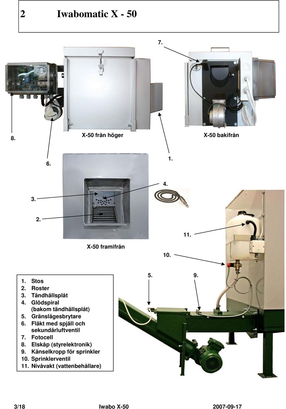 Fläkt med spjäll och sekundärluftventil 7. Fotocell 8. Elskåp (styrelektronik) 9.