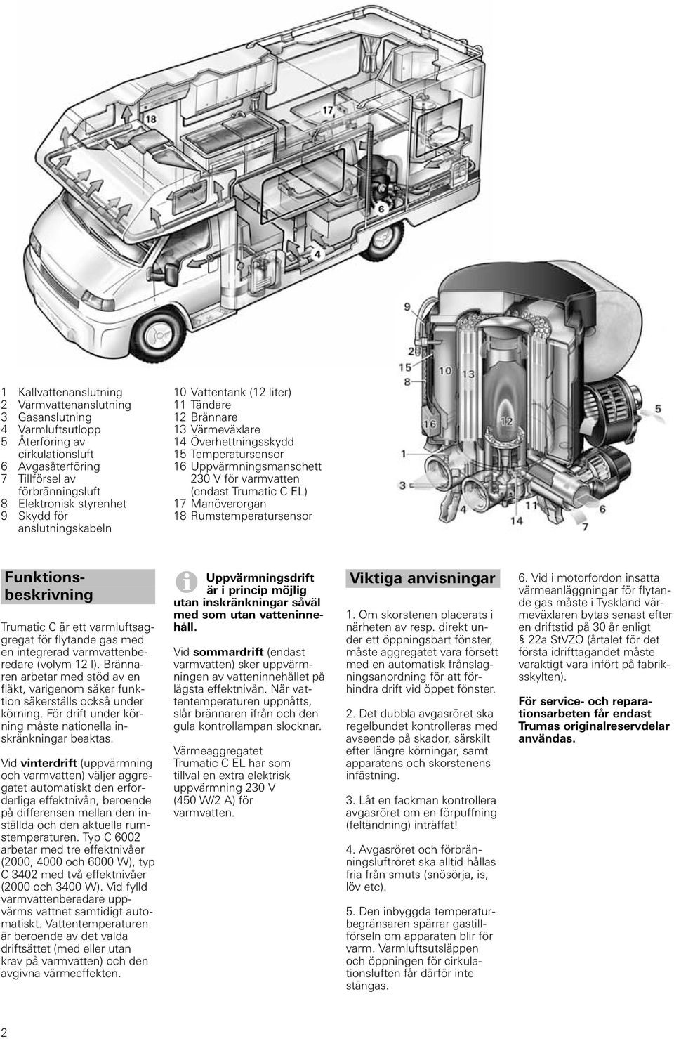 Manöverorgan 18 Rumstemperatursensor Funktionsbeskrivning Trumatic C är ett varmluftsaggregat för flytande gas med en integrerad varmvattenberedare (volym 12 l).