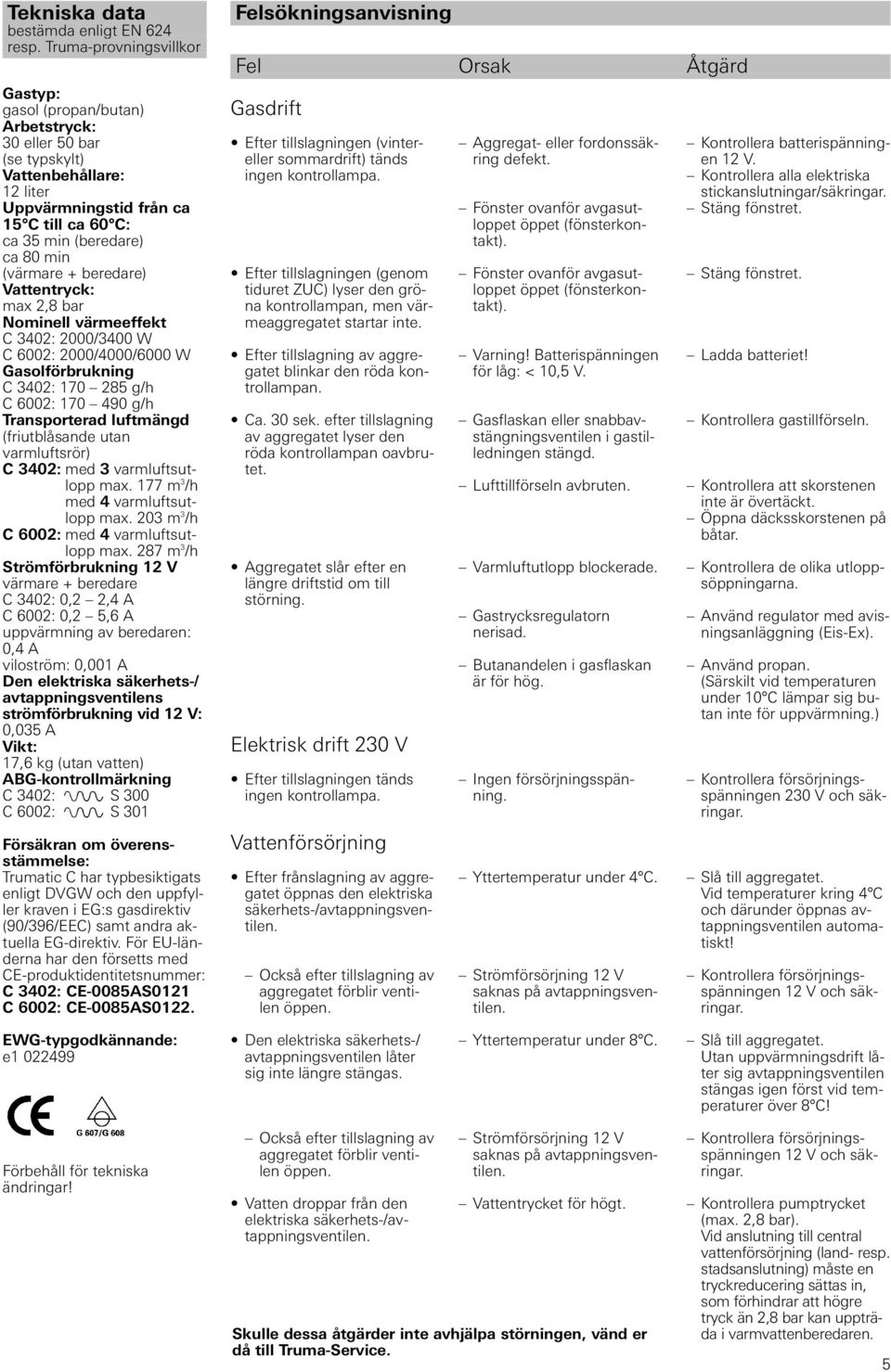 (värmare + beredare) Vattentryck: max 2,8 bar Nominell värmeeffekt C 3402: 2000/3400 W C 6002: 2000/4000/6000 W Gasolförbrukning C 3402: 170 28 g/h C 6002: 170 490 g/h Transporterad luftmängd