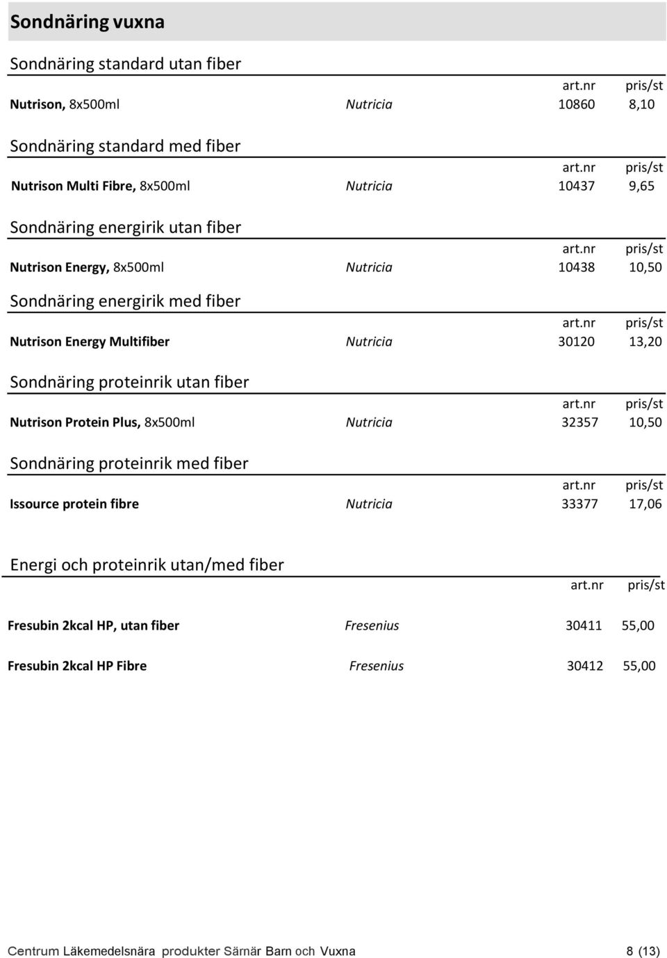 proteinrik utan fiber Nutrison Protein Plus, 8x500ml Nutricia 32357 10,50 Sondnäring proteinrik med fiber Issource protein fibre Nutricia 33377 17,06 Energi och