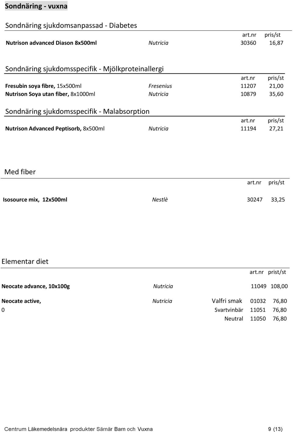 Advanced Peptisorb, 8x500ml Nutricia 11194 27,21 Med fiber Isosource mix, 12x500ml Nestlè 30247 33,25 Elementar diet prist/st Neocate advance, 10x100g Nutricia