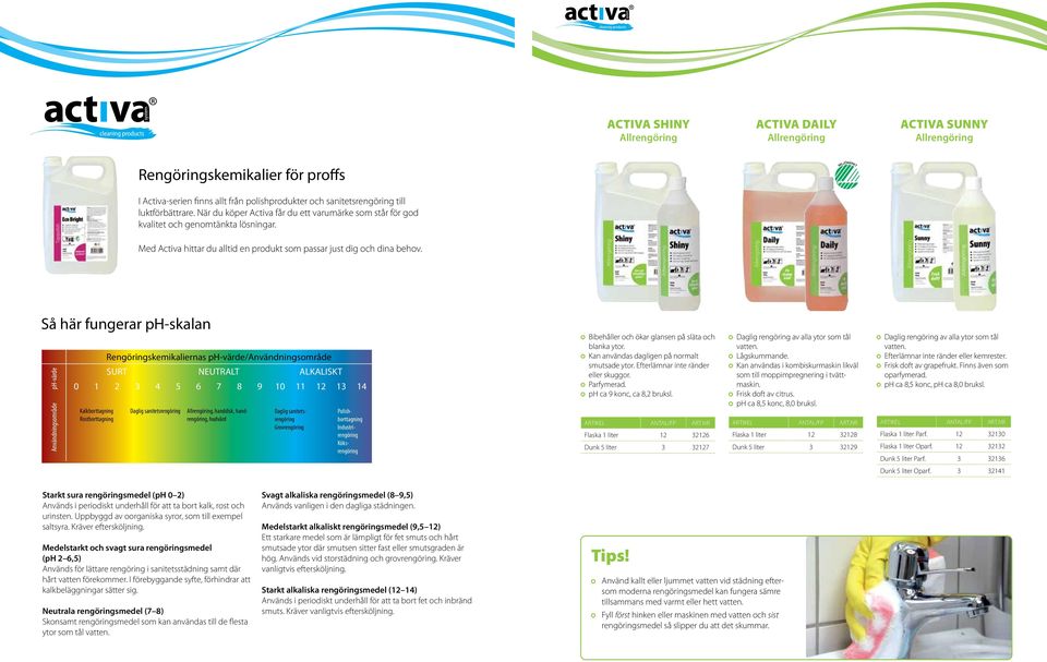 Så här fungerar ph-skalan ph-värde Användningsområde Rengöringskemikaliernas ph-värde/användningsområde SURT NEUTRALT ALKALISKT 0 1 2 3 4 5 6 7 8 9 10 11 12 13 14 Kalkborttagning Rostborttagning
