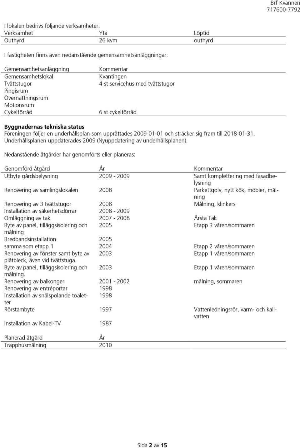 som upprättades 2009-01-01 och sträcker sig fram till 2018-01-31. Underhållsplanen uppdaterades 2009 (Nyuppdatering av underhållsplanen).