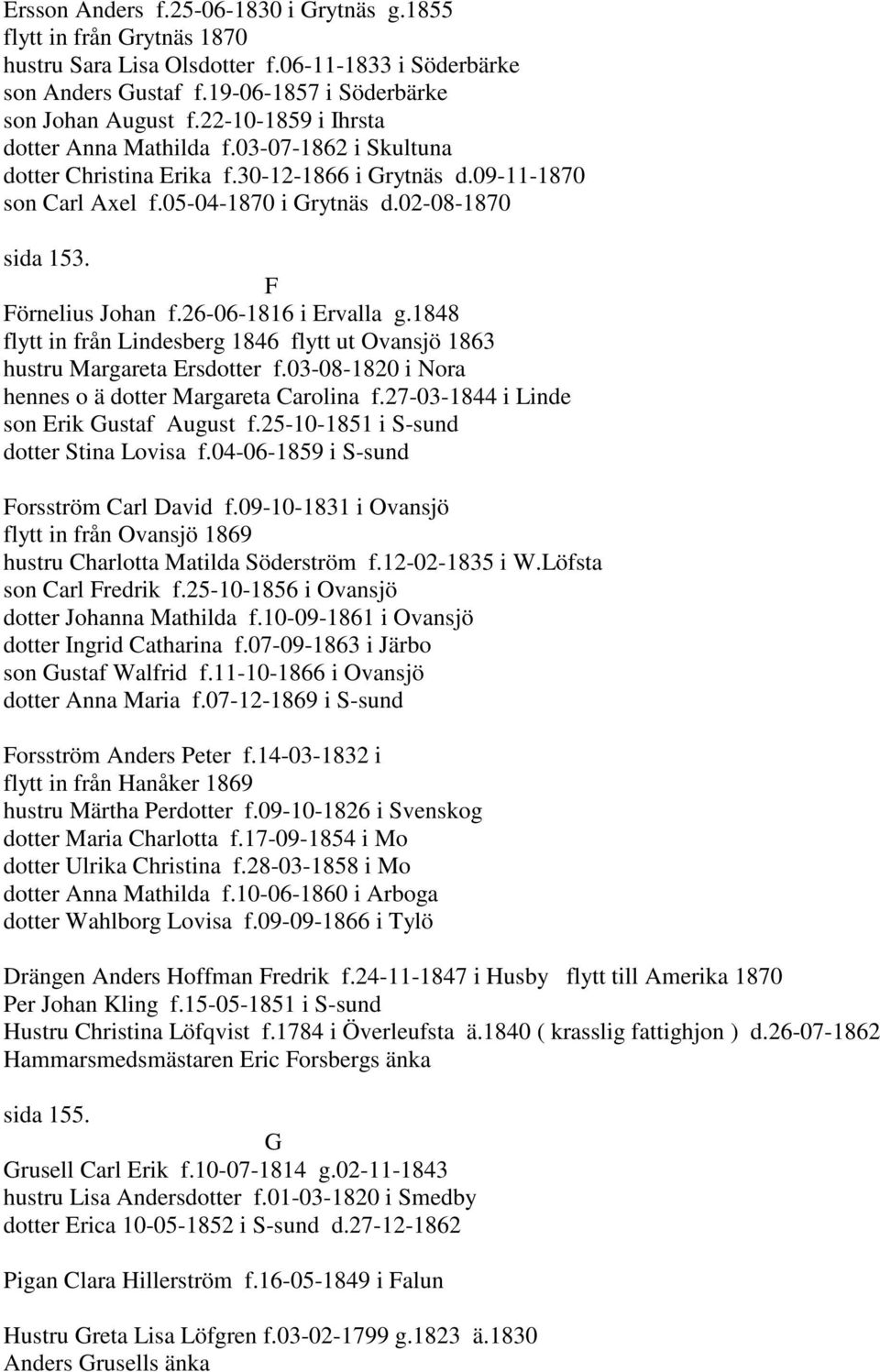 F Förnelius Johan f.26-06-1816 i Ervalla g.1848 flytt in från Lindesberg 1846 flytt ut Ovansjö 1863 hustru Margareta Ersdotter f.03-08-1820 i Nora hennes o ä dotter Margareta Carolina f.