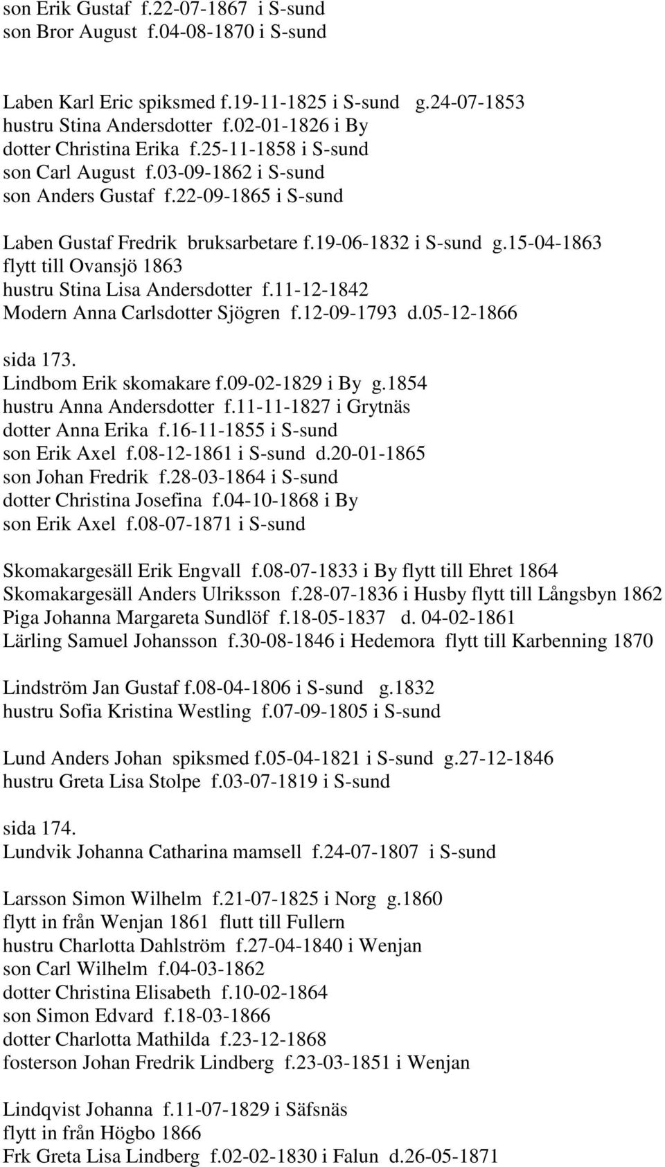 15-04-1863 flytt till Ovansjö 1863 hustru Stina Lisa Andersdotter f.11-12-1842 Modern Anna Carlsdotter Sjögren f.12-09-1793 d.05-12-1866 sida 173. Lindbom Erik skomakare f.09-02-1829 i By g.