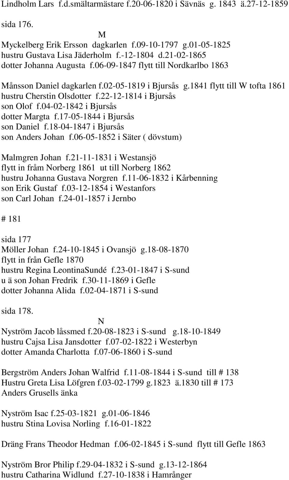 22-12-1814 i Bjursås son Olof f.04-02-1842 i Bjursås dotter Margta f.17-05-1844 i Bjursås son Daniel f.18-04-1847 i Bjursås son Anders Johan f.06-05-1852 i Säter ( dövstum) Malmgren Johan f.