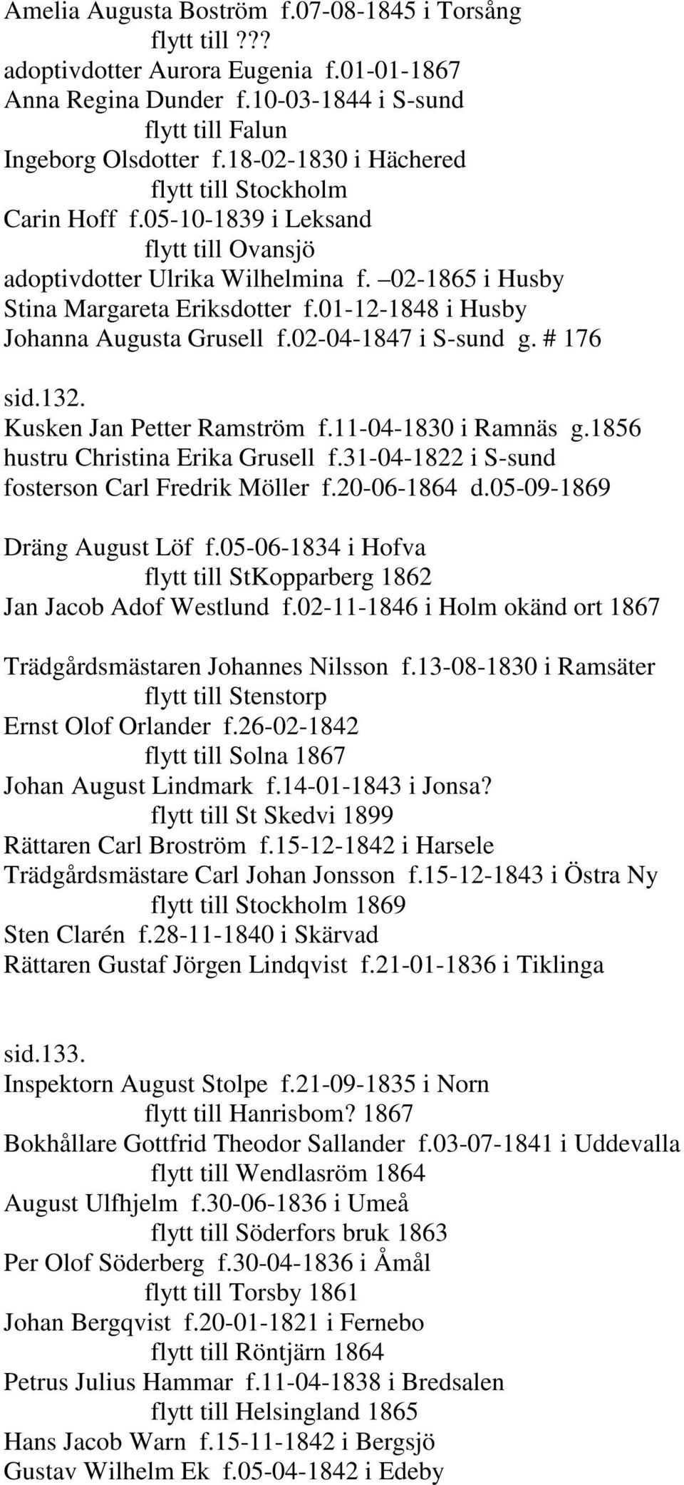 01-12-1848 i Husby Johanna Augusta Grusell f.02-04-1847 i S-sund g. # 176 sid.132. Kusken Jan Petter Ramström f.11-04-1830 i Ramnäs g.1856 hustru Christina Erika Grusell f.