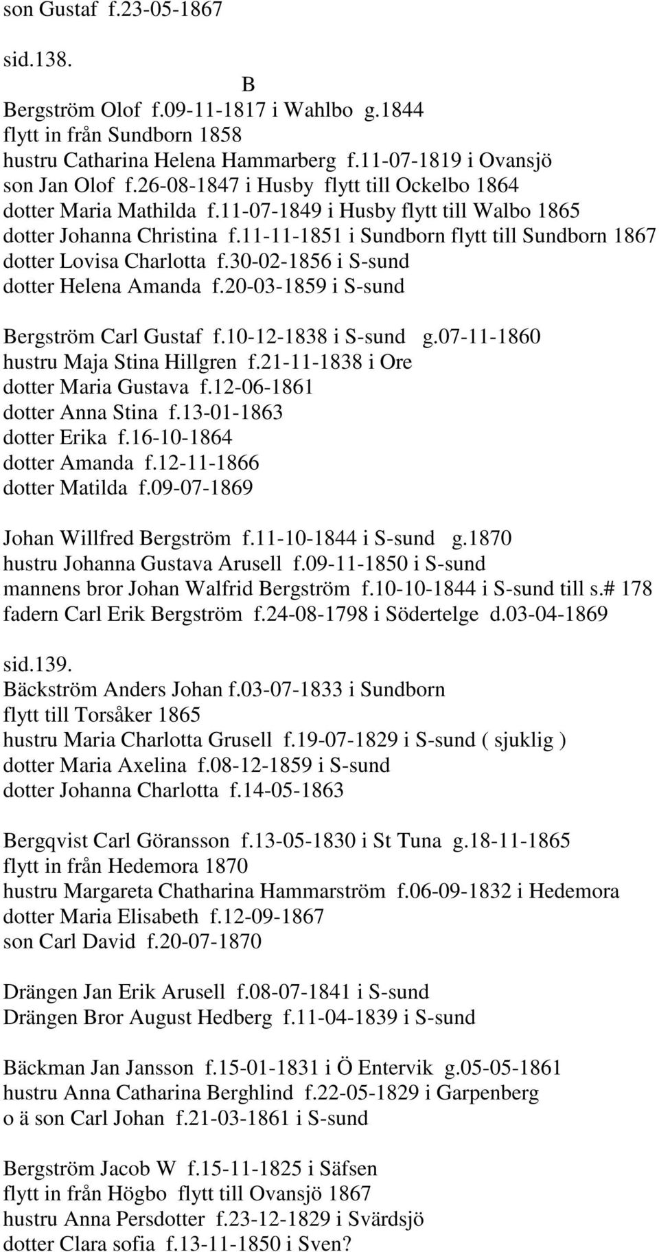 11-11-1851 i Sundborn flytt till Sundborn 1867 dotter Lovisa Charlotta f.30-02-1856 i S-sund dotter Helena Amanda f.20-03-1859 i S-sund Bergström Carl Gustaf f.10-12-1838 i S-sund g.