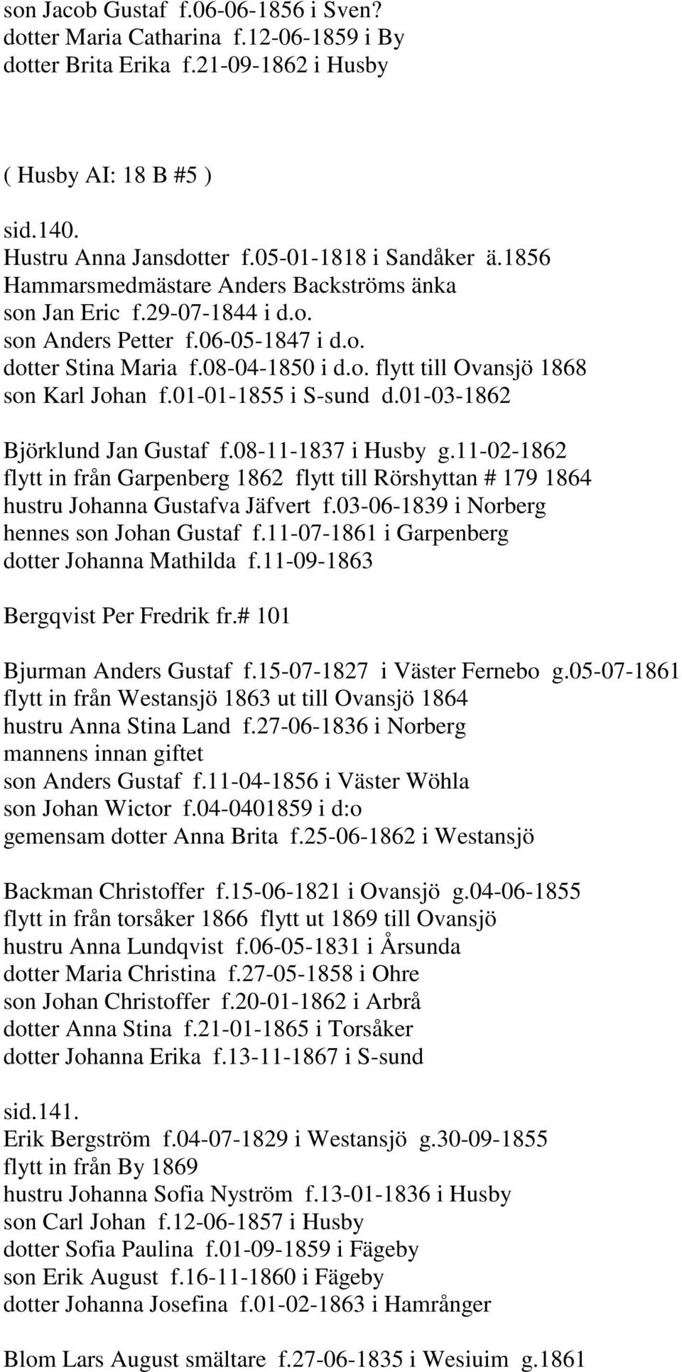 01-01-1855 i S-sund d.01-03-1862 Björklund Jan Gustaf f.08-11-1837 i Husby g.11-02-1862 flytt in från Garpenberg 1862 flytt till Rörshyttan # 179 1864 hustru Johanna Gustafva Jäfvert f.