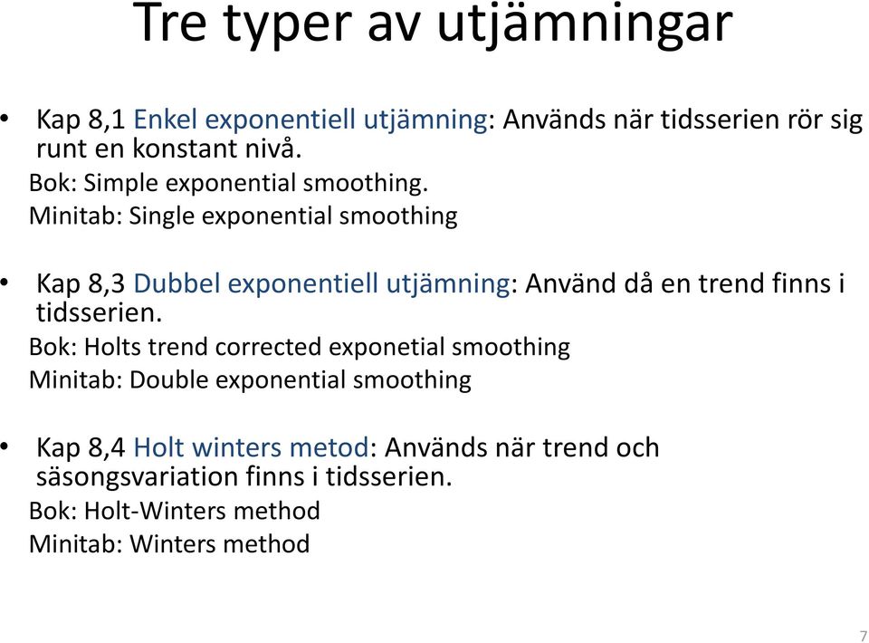 Minitab: Single exponential smoothing Kap 8,3 Dubbel exponentiell utjämning: Använd då en trend finns i tidsserien.