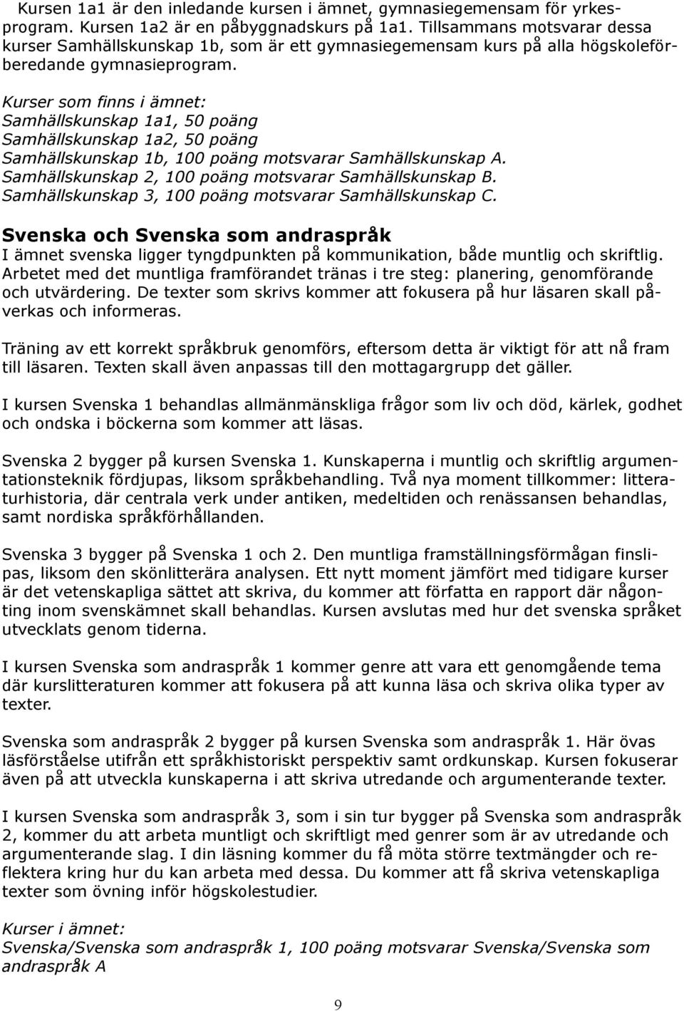 Kurser som finns i ämnet: Samhällskunskap 1a1, 50 poäng Samhällskunskap 1a2, 50 poäng Samhällskunskap 1b, 100 poäng motsvarar Samhällskunskap A.