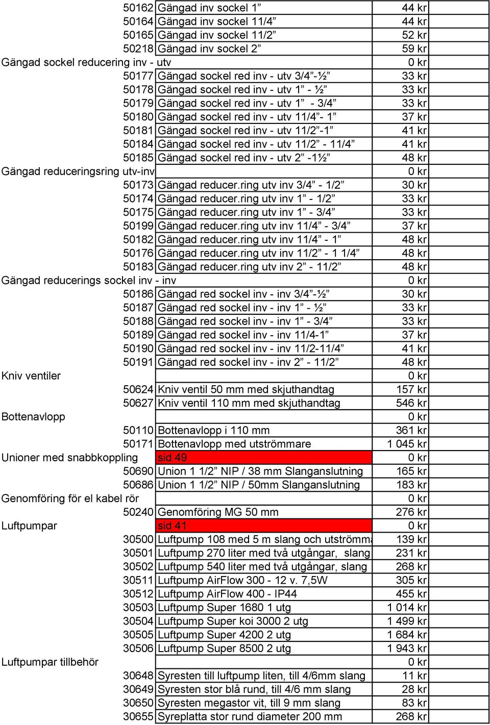 kr 50184 Gängad sockel red inv - utv 11/2-11/4 41 kr 50185 Gängad sockel red inv - utv 2-1½ 48 kr Gängad reduceringsring utv-inv 50173 Gängad reducer.ring utv inv 3/4-1/2 3 50174 Gängad reducer.