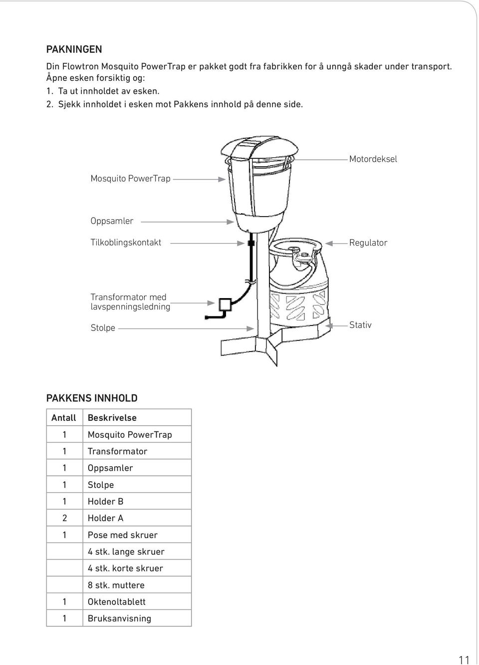 Mosquito PowerTrap Motordeksel Oppsamler Tilkoblingskontakt Regulator Transformator med lavspenningsledning Stolpe Stativ PAKKENS INNHOLD