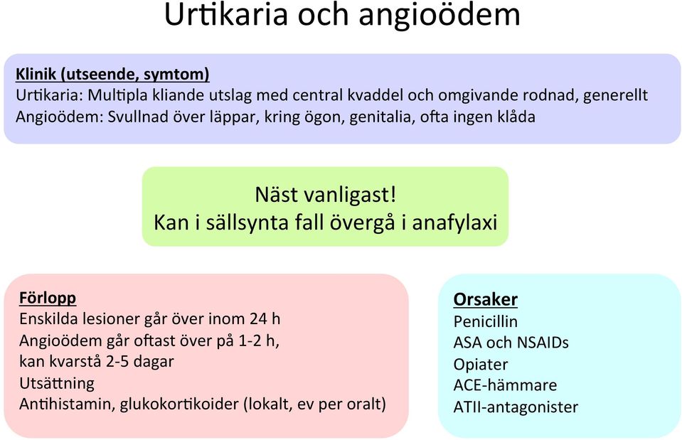 Kan i sällsynta fall övergå i anafylaxi Förlopp Enskilda lesioner går över inom 24 h Angioödem går o\ast över på 1-2 h, kan