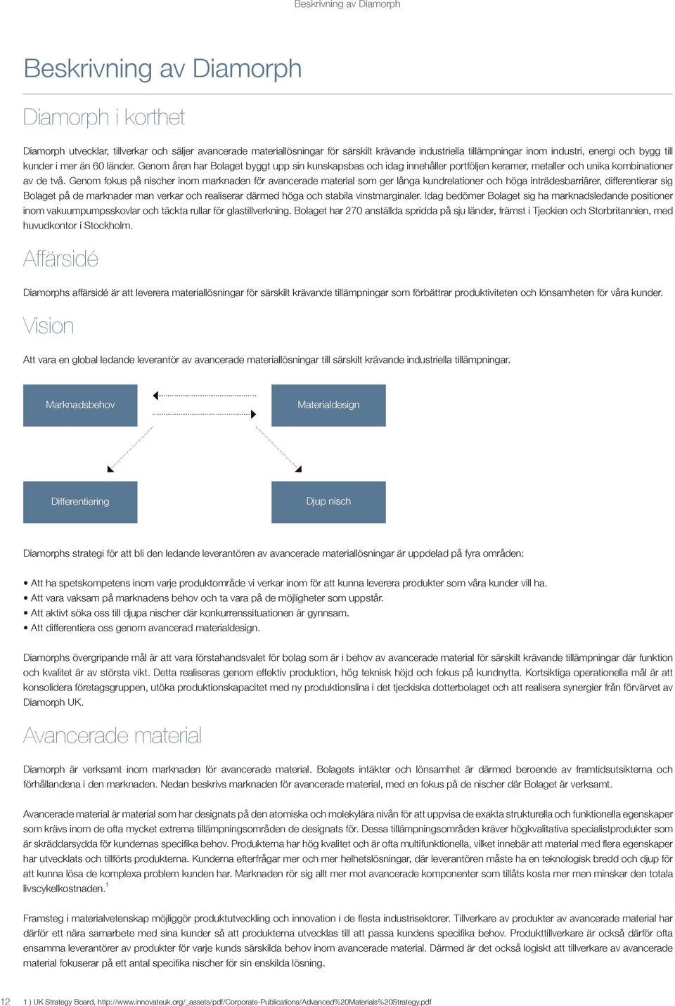 Genom fokus på nischer inom marknaden för avancerade material som ger långa kundrelationer och höga inträdesbarriärer, differentierar sig Bolaget på de marknader man verkar och realiserar därmed höga