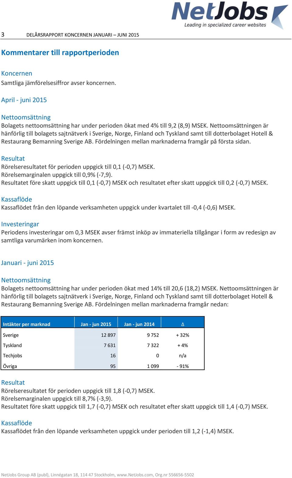 Nettoomsättningen är hänförlig till bolagets sajtnätverk i Sverige, Norge, Finland och Tyskland samt till dotterbolaget Hotell & Restaurang Bemanning Sverige AB.