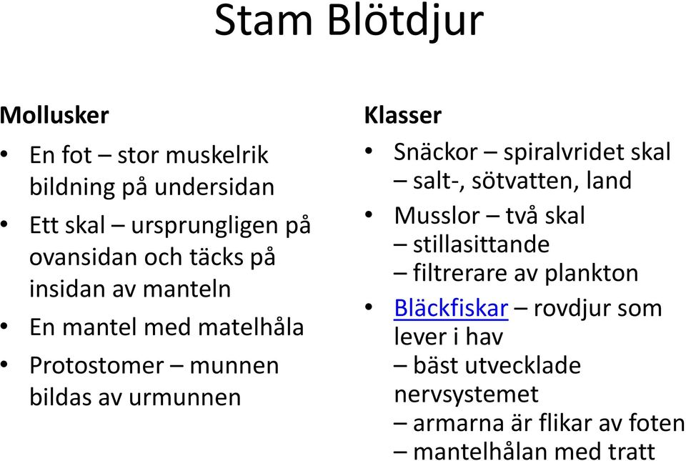 Snäckor spiralvridet skal salt-, sötvatten, land Musslor två skal stillasittande filtrerare av plankton