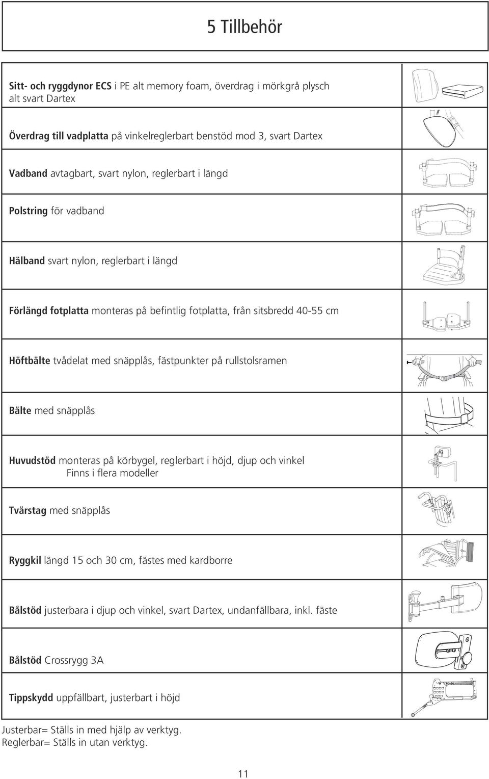 fästpunkter på rullstolsramen Bälte med snäpplås Huvudstöd monteras på körbygel, reglerbart i höjd, djup och vinkel Finns i flera modeller Tvärstag med snäpplås Ryggkil längd och 30 cm, fästes med