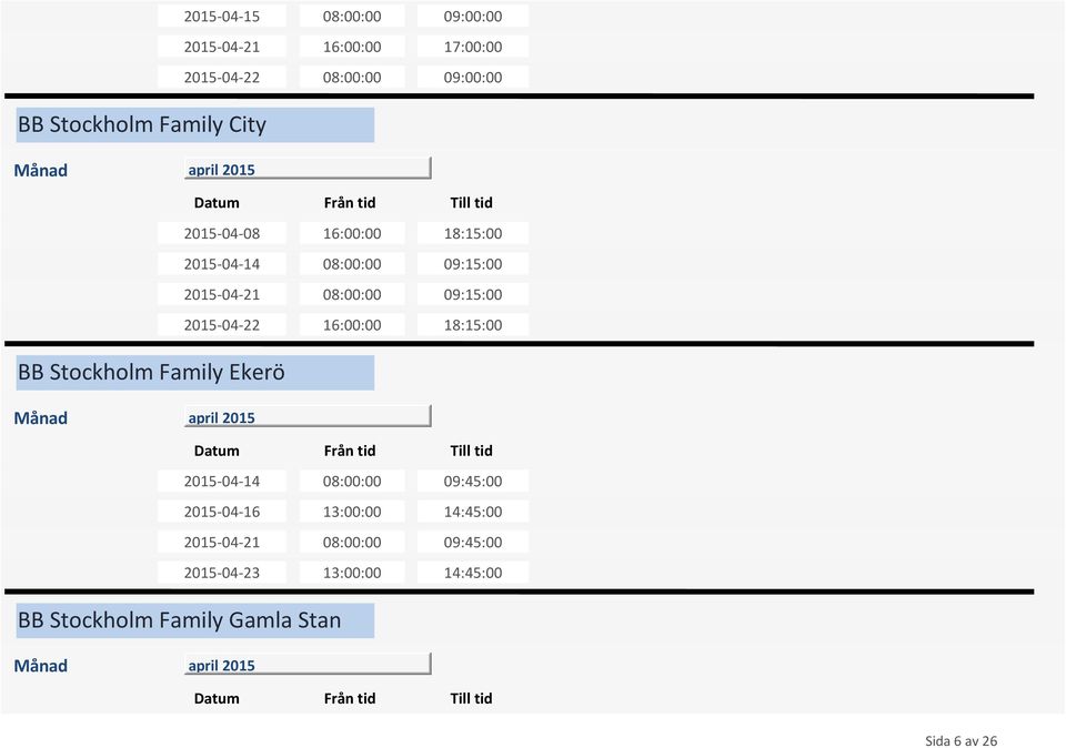 2015-04-22 16:00:00 18:15:00 BB Stockholm Family Ekerö 2015-04-14 08:00:00 09:45:00 2015-04-16 13:00:00