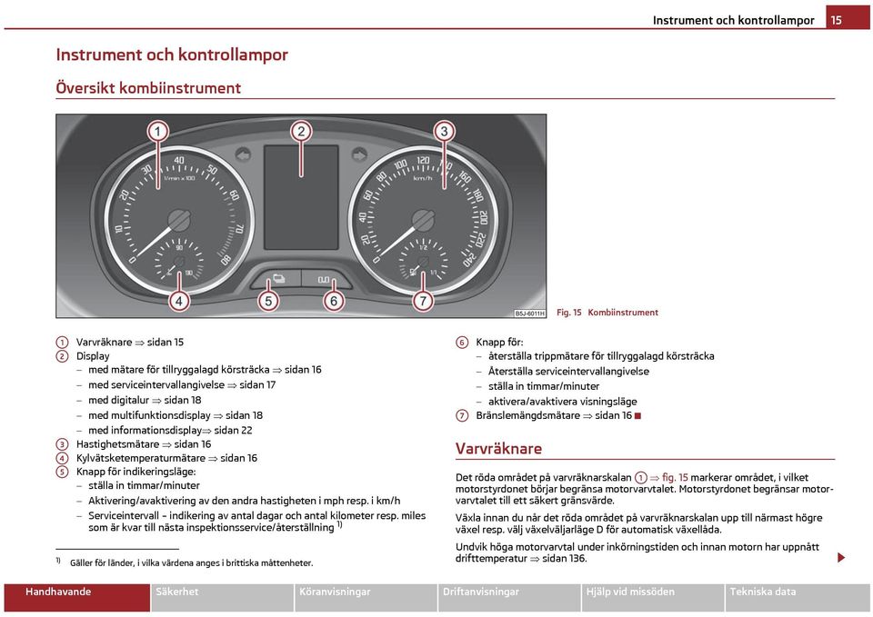 sidan 18 med informationsdisplay sidan 22 Hastighetsmätare sidan 16 Kylvätsketemperaturmätare sidan 16 Knapp för indikeringsläge: ställa in timmar/minuter Aktivering/avaktivering av den andra