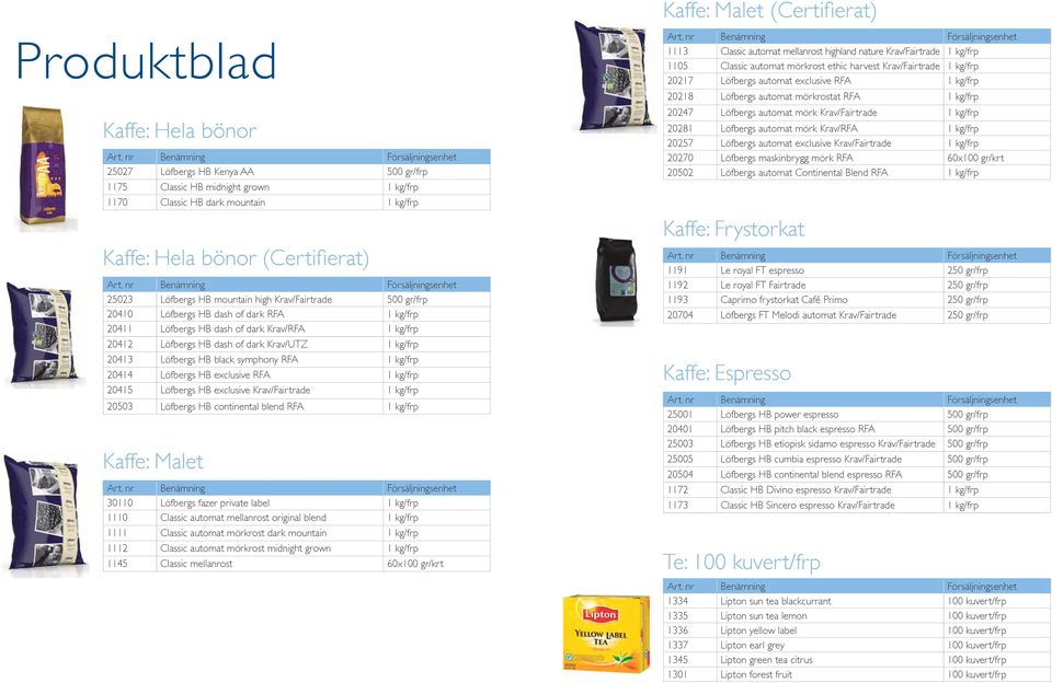 Krav/UTZ 1 kg/frp 20413 Löfbergs HB black symphony RFA 1 kg/frp 20414 Löfbergs HB exclusive RFA 1 kg/frp 20415 Löfbergs HB exclusive Krav/Fairtrade 1 kg/frp 20503 Löfbergs HB continental blend RFA 1
