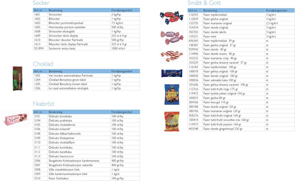 automatkakao Fairtrade 1 kg/frp 1204 Choklad Bensdorp green label 1 kg/frp 1205 Choklad Bensdorp brown label 1 kg/frp 1206 Le royal automatkakao ekologisk 1 kg/frp Fikabröd 3101 Delicato bondkaka 100